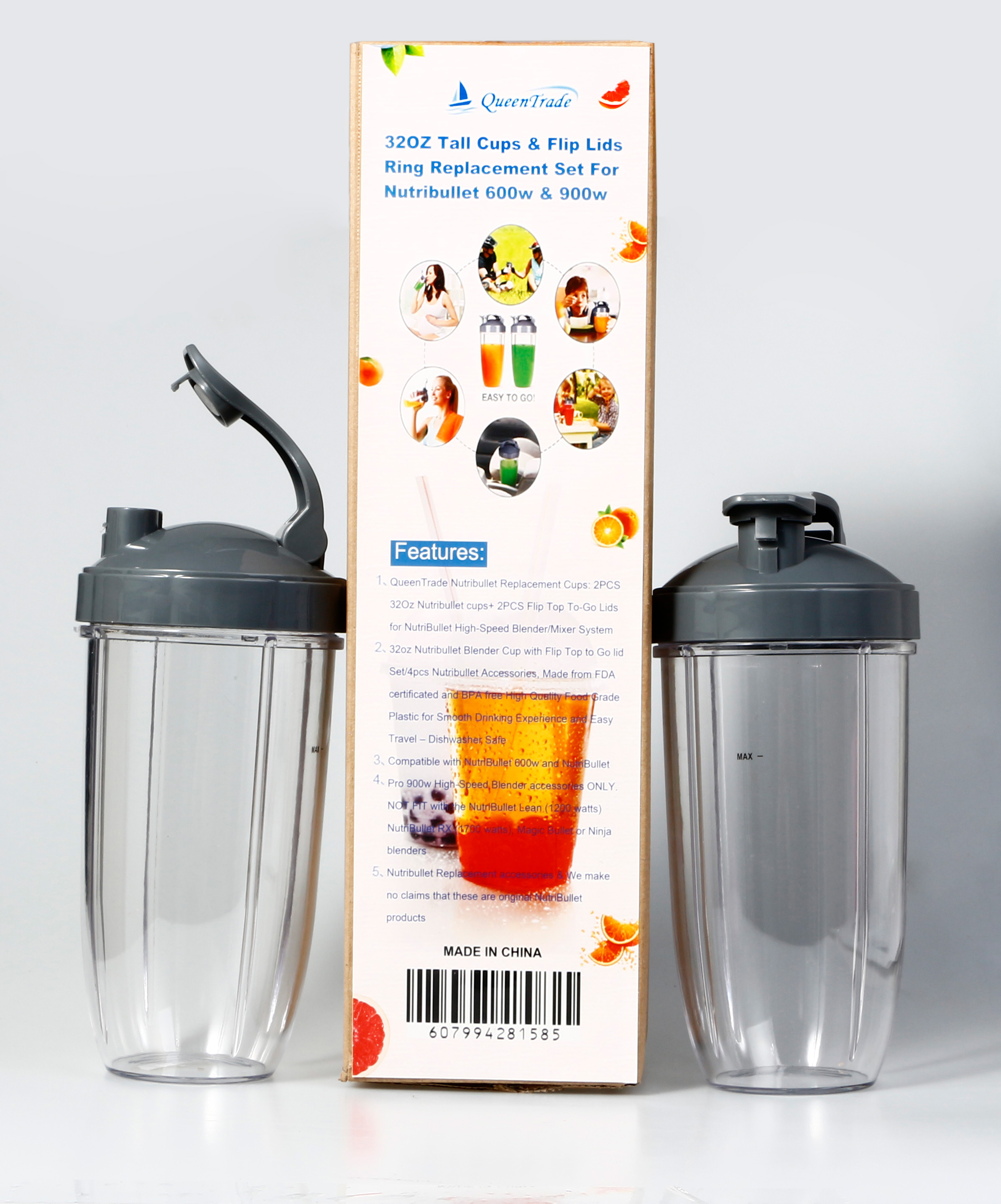 QueenTrade 32OZ Tall Cups & Flip Lids Ring Replacement Set For Nutribullet & 900w Mixer Replacement Accessories Parts